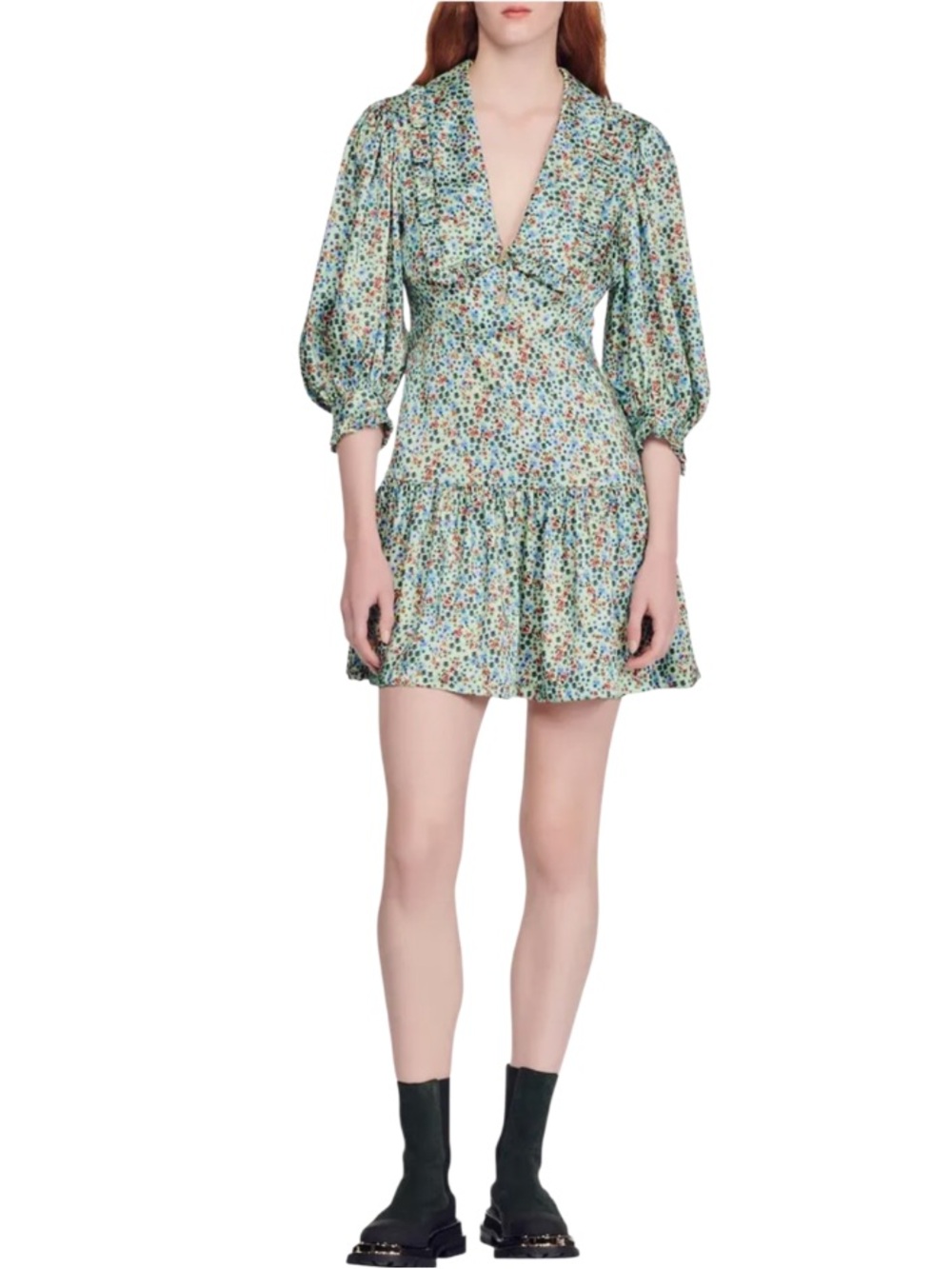Sandro Eilat Floral-Print Silk Mini Dress - Green/Blue/White Size 34 US2 NWT - Picture 4 of 15